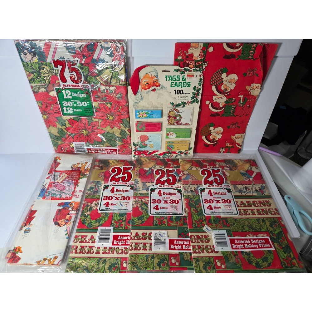 Vintage Christmas Gift Wrap Lot Cleo Wrapping Paper Santa Tags Walt Lee Retro